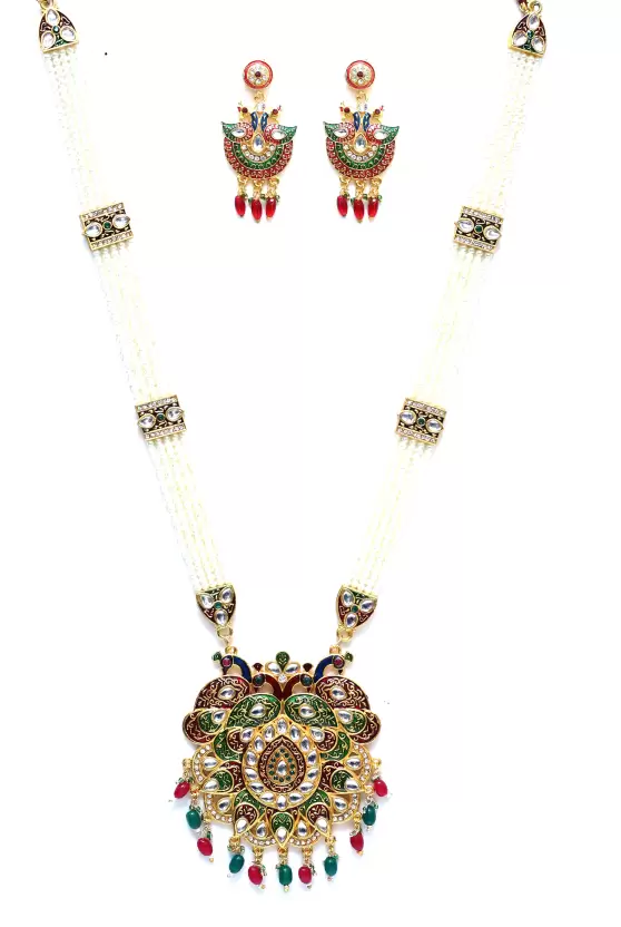 Hydrabadi Faux Pearl Long Necklace Jewellery Set for Women ( AS514 ) Cubic Zirconia Gold-plated Plated Metal Necklace