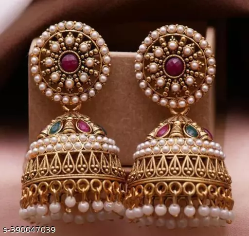 Traditional Jewellery Ethnic Fancy Pearl Studded Gold Platted Oxidised Jhumka Earrings for Girls and Women.