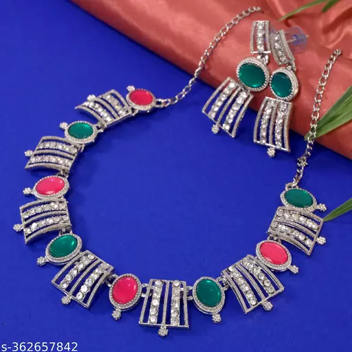 ANTICO Western Traditional Ethnic Fancy Stylish Silver Platted Green Marron Color Choker Necklace for Girls and Women. for Party, Birthday, Anniversary, Engagement etc.